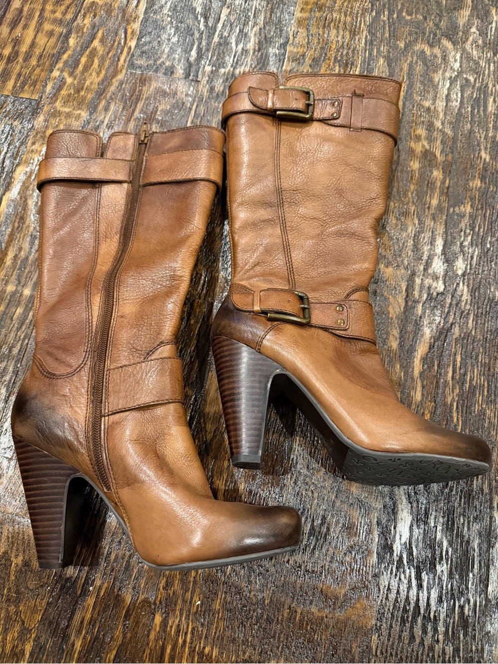 Arturo Chiang Cognac Brown Leather Mid-Calf Heeled Boots